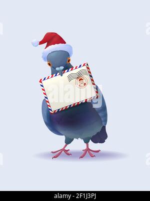 Noël Père Noël poster pigeon dans le chapeau rouge tenant le courrier illustration vectorielle isolée enveloppe sur fond clair Illustration de Vecteur