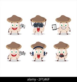 Le personnage de dessin animé de champignon shiitake joue à des jeux avec diverses émoticônes mignons. Illustration vectorielle Illustration de Vecteur