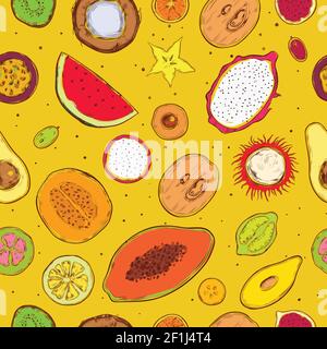 Dessin coloré produits exotiques motif sans couture avec des fruits tropicaux naturels sur l'illustration vectorielle d'arrière-plan jaune Illustration de Vecteur