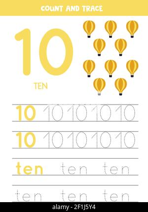 Numéro de traçage 10 et le mot dix. Pratique de l'écriture manuscrite pour les enfants avec ballons à air chaud. Illustration de Vecteur