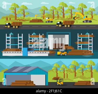 Banderoles horizontales de production de bois avec des véhicules industriels et des processus de découpage chargement transport travail du bois et stockage de grumes vecteur illu Illustration de Vecteur