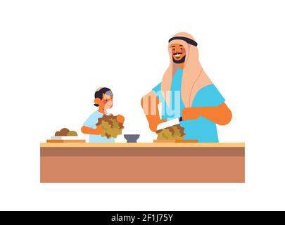 un jeune père arabe et un petit fils préparent une salade de légumes sains le concept de paternité parenting papa passer du temps avec son portrait d'enfant illustration vectorielle horizontale Illustration de Vecteur