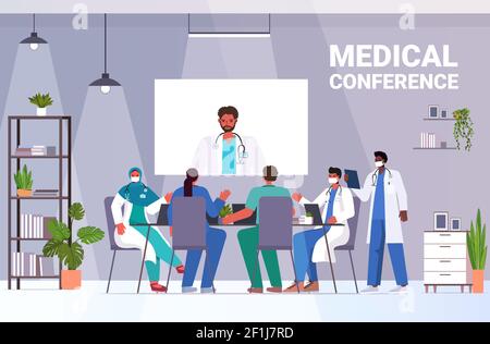 équipe de médecins ayant vidéo conférence mix spécialistes médicaux de course discussion à table ronde médecine concept de soins de santé horizontal pleine longueur illustration vectorielle Illustration de Vecteur