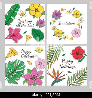 Cartes d'invitation décoratives florales colorées avec fleurs exotiques et illustrations vectorielles de style dessinées à la main Illustration de Vecteur