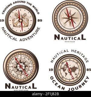 Emblèmes ronds nautiques de couleur vintage de formes différentes compas avec éléments de navigation illustration vectorielle isolée Illustration de Vecteur