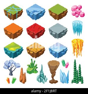 Collection d'icônes de paysage de jeu lumineux isométriques avec différentes surfaces d'îlots et l'illustration vectorielle isolée des éléments naturels Illustration de Vecteur