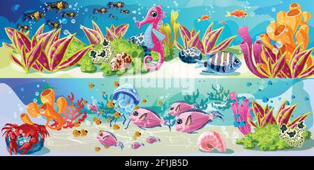 Bande dessinée vie marine lumineuse bannières horizontales avec poissons crabe d'hippocampe coquillages de méduses algues naturelles coraux plantes illustration vectorielle Illustration de Vecteur