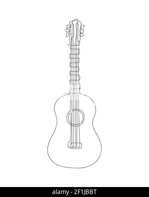 Dessin continu d'une ligne d'instrument de guitare acoustique isolé sur fond blanc. Banque D'Images