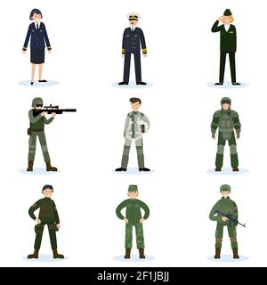 Les soldats de l'armée mis avec le commandement militaire et les hommes dans différents illustration de vecteur isolé uniforme de camouflage Illustration de Vecteur