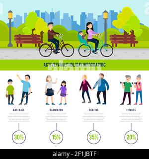 Concept d'infographie sur la santé de la famille avec les gens et les plus populaires jeux et activités sportives sur illustration vecteur de vacances Illustration de Vecteur