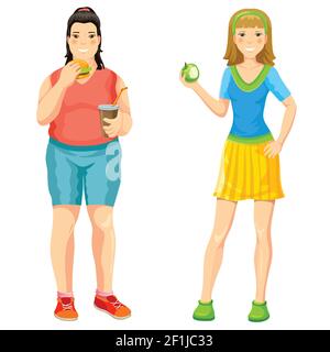 Caricature concept de nutrition approprié avec femme de graisse manger Burger boire soda et petite fille tenant une illustration de vecteur isolé de pomme Illustration de Vecteur