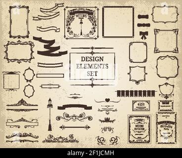 Collection vintage design ELEMENTS avec rubans cadres bordures élégantes décorations ornements sur fond clair illustration vectorielle isolée Illustration de Vecteur