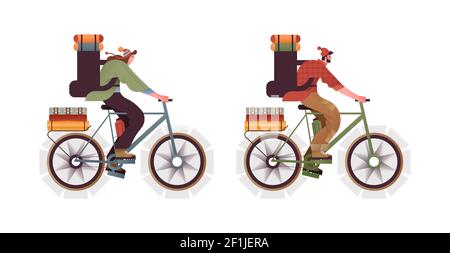 Jeune homme et femme à vélo de montagne avec sac à dos bagages de vacances sur fond blanc isolé. Concept de transport écologique, extérieur adv Illustration de Vecteur