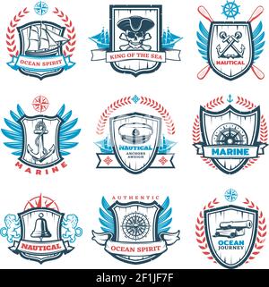 Ensemble d'emblèmes nautiques de couleur vintage avec éléments marins et de voile sur les boucliers héraldiques, illustration vectorielle isolée Illustration de Vecteur