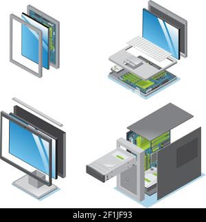 Ensemble de périphériques et gadgets isométriques modernes avec pièces et composants illustration vectorielle isolée de l'unité système de moniteur d'ordinateur portable tablette Illustration de Vecteur