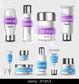 Kit d'emballage cosmétique professionnel réaliste avec tubes, flacons et récipients illustration vectorielle isolée pour les produits de traitement de la peau Illustration de Vecteur
