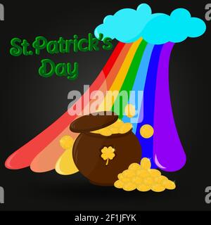 Affiche de félicitations pour la Saint-Patrick. Pot complet de pièces d'or, arc-en-ciel, inscription nuageuse à la Saint-Patrick sur fond noir. Banque D'Images