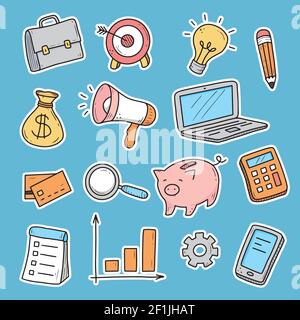 Autocollant tiré à la main des éléments d'affaires et de finances, pièce, calculatrice, piggy, argent. Style d'esquisse Doodle. Élément métier dessiné par un stylo numérique. Illustration de l'autocollant cadeau de la société de financement. Illustration de Vecteur