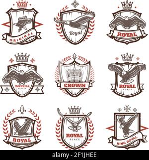 Manteaux d'armes royales vintage avec couronne d'aigle aux lettres illustration vectorielle isolée de boucliers héraldiques de couronne laurel Illustration de Vecteur