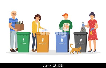 Les gens trient les déchets pour les recycler.Des hommes et des femmes responsables se tenant près de la poubelle et utilisant les déchets et les ordures dans différents conteneurs pour l'utilisation des déchets.Environnement et écologie eps concept Illustration de Vecteur