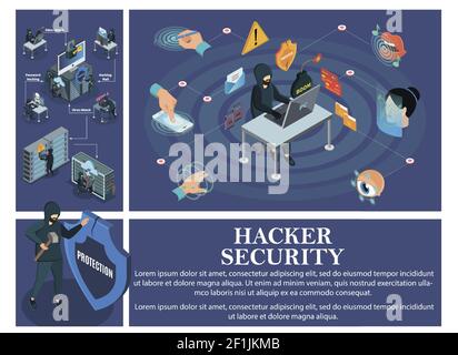 la composition d'attaque de piratage avec des éléments de sécurité d'identification biométrique et les pirates informatiques brisent les serveurs de cloud des centres de données personnels Illustration de Vecteur