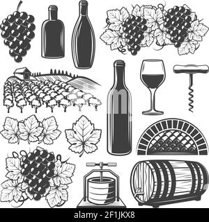 Ensemble d'éléments de vin vintage avec bouteilles de vin en bois de vin vignoble illustration vectorielle isolée de grappes de raisin Illustration de Vecteur