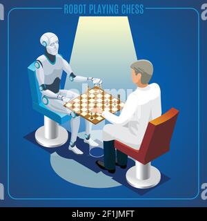 Concept isométrique de la technologie de l'intelligence artificielle de robot jouant aux échecs avec illustration vectorielle isolée par un scientifique Illustration de Vecteur