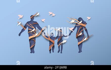 Famille marchant main avec branche d'arbre et oiseaux volant dans un style moderne coupé en papier. Parent enfants relation ou généalogie con Illustration de Vecteur