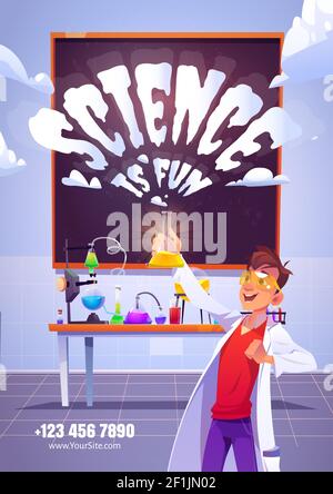 La science est amusante affiche de dessin animé avec un chimiste heureux tenant une fiole de verre, faisant des tests de recherche en laboratoire chimique avec des équipements scientifiques, des tubes, des béchers, du tableau noir sur le mur, illustration vectorielle Illustration de Vecteur