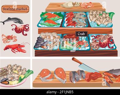 Composition plate du marché des fruits de mer avec caviar de crabe octopus d'esturgeon moules crevettes crevettes crevettes pétoncles calmars saumon de la zander hareng poissons viande sur c Illustration de Vecteur