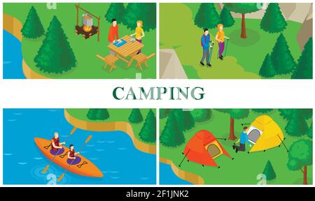 Isométrique été tourisme composition colorée avec les gens de cuisine placement de nourriture tente faisant du kayak et de la randonnée illustration vectorielle Illustration de Vecteur