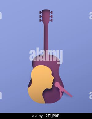 Homme chantant avec microphone à l'intérieur d'un instrument de guitare acoustique en style de coupe de papier 3d. Concept de coupe de papier pour un événement musicien, un spectacle en direct ou un concert Illustration de Vecteur