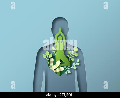 Silhouette de corps de femme ou d'homme faisant pose d'arbre de yoga. Illustration de style coupe de papier 3D avec décoration de nature. Exercice de méditation, naturel écologique pr Illustration de Vecteur