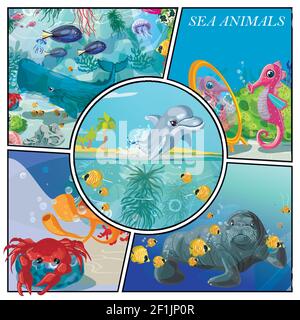 Dessin animé animaux de mer composition colorée avec dauphin hippocampe poissons baleine illustration du vecteur des coraux de méduses de crabe et des algues Illustration de Vecteur