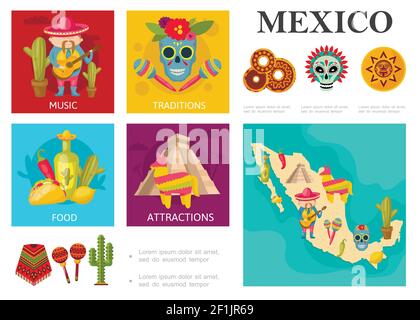 Flat Travel to Mexico concept avec cuisine traditionnelle mexicaine célèbre curiosités musique et culture traditions vecteur illustration Illustration de Vecteur