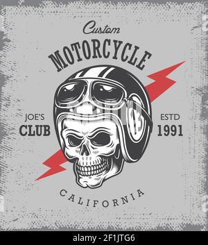 Imprimé moto vintage avec crâne dans un casque moto sur fond de grange. Illustration de Vecteur