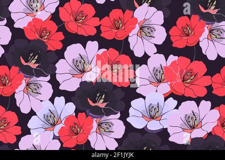 Motif fleuri vectoriel sans coutures. Fleurs roses, rouges, pourpres foncé isolées sur fond violet foncé. Illustration de Vecteur