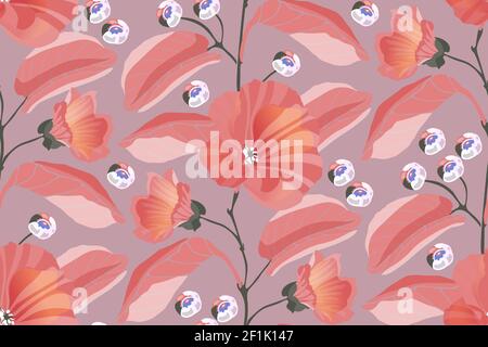 Motif Art floral vectoriel sans coutures. Mouches roses, branches, feuilles, baies bleues isolées sur un fond rose poussiéreux. Illustration de Vecteur