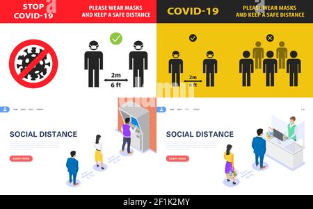 Définir le concept des bannières de distanciation sociale, des mesures de prévention et de protection contre la propagation de covid-19. Illustration isométrique à vecteur plat. Illustration de Vecteur