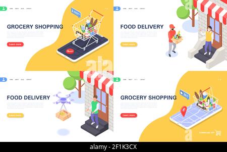 Définir le concept de commande et de livraison sécuritaire des bannières alimentaires. Illustration isométrique à vecteur plat. Illustration de Vecteur