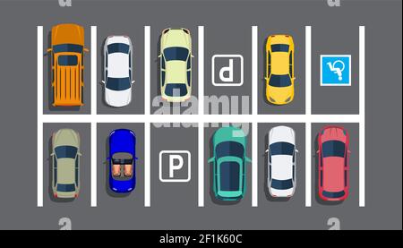 Parking de la ville avec différentes voitures. Illustration de Vecteur