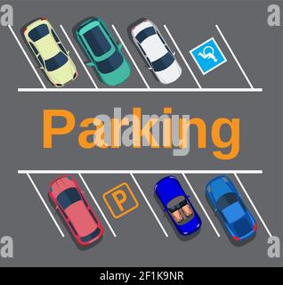 Parking de la ville avec différentes voitures. Illustration de Vecteur