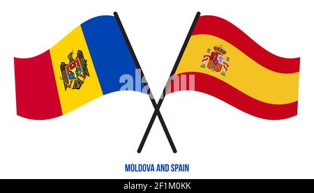 Moldavie et Espagne drapeaux croisés et ondulant le style plat. Proportion officielle. Corriger les couleurs. Banque D'Images
