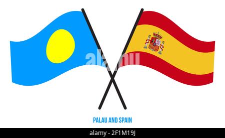 Palau et Espagne drapeaux croisés et ondulant le style plat. Proportion officielle. Corriger les couleurs. Banque D'Images