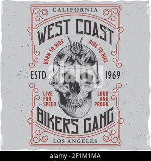 Affiche de groupe de motards de la côte ouest avec motif t-shirt et crâne dans l'illustration du vecteur casque de moto Illustration de Vecteur