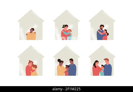 Ensemble de ménage familial divers à l'intérieur de la maison. Maman et papa avec des enfants, un seul parent, chien animal de compagnie personnages d'ami sur un fond blanc isolé. Illustration de Vecteur