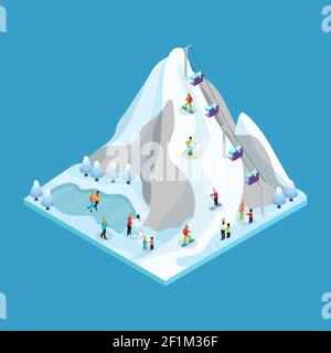 Concept isométrique d'activités de loisirs d'hiver avec personnes et patinage à ski et une illustration vectorielle isolée de station de snowboard Illustration de Vecteur