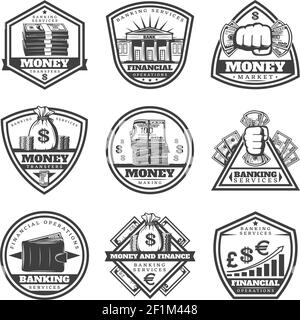 Ensemble d'étiquettes argent monochrome vintage avec inscriptions billets de banque en espèces illustration vectorielle isolée graphique de pièces de monnaie Illustration de Vecteur