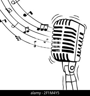 Microphone musical avec illustration de notes musicales pour un événement de chant ou concept de son vocal. Dessin animé à la main sur un arrière-plan isolé. Illustration de Vecteur