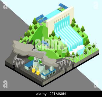 Concept de production d'énergie alternative isométrique avec usine de production d'énergie nucléaire de moulins à vent et illustration vectorielle isolée de la station hydroélectrique Illustration de Vecteur